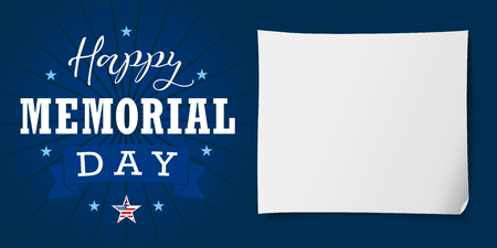 Happy Memorial Day USA lettering banner. Happy Memorial Day USA hand lettering vector card, star, ribbon, stripes and paper on dark blue backgroundのイラスト素材