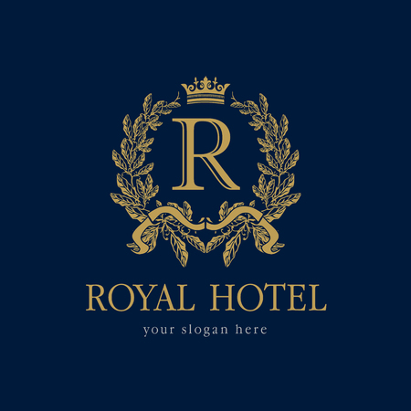 R company logo. Luxurious hotel. Coat of arms, gold colored round royalty classic symbol template.のイラスト素材