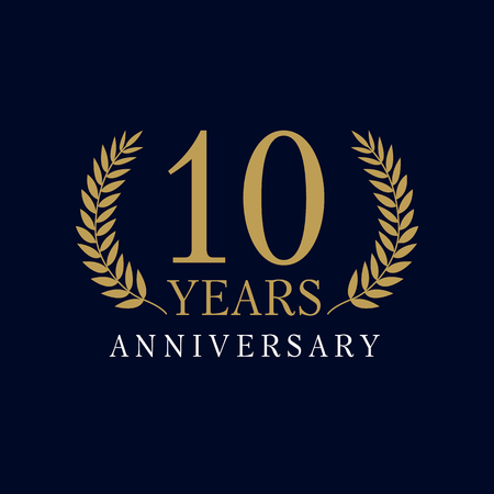 10 years old luxury logo. Anniversary of the 10th. Greetings ages celebrates. Celebrating laurel branches. 1 st place symbol of victory and success.のイラスト素材