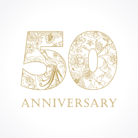 50 years old luxurious celebrating folk numbers. Template gold 50 th happy anniversary greetings, ethnics flowers, plants, paradise birds. Set of traditional vintage congratulation.のイラスト素材