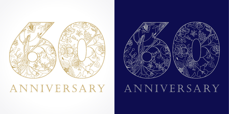 60 years old luxurious celebrating. Template gold colored 60 th happy anniversary greetings, ethnics flowers, plants, paradise birds. Set of traditional vintage congratulation.のイラスト素材