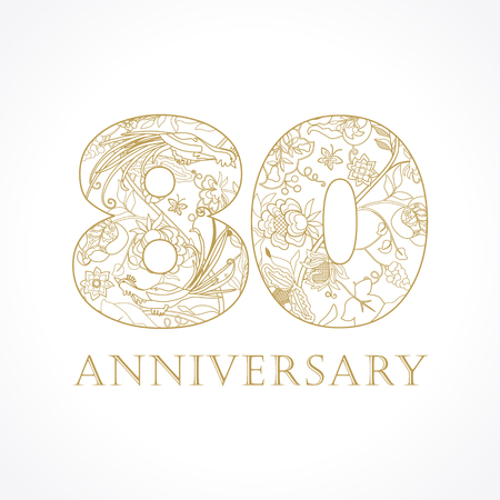 80 years old luxurious celebrating folk numbers. Template gold 80 th happy anniversary greetings, ethnics flowers, plants, paradise birds. Set of traditional vintage colorful congratulation.のイラスト素材