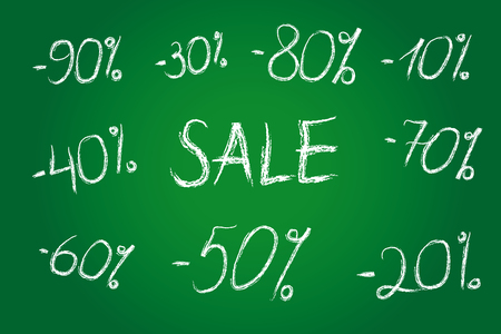 Discount prices vector illustration. Set of white chalk numbers, templates for seasonal trading, sale labels. 10th, 20th, 30th, 40th, 50th, 60th, 70th, 80th, 90th% or years.のイラスト素材