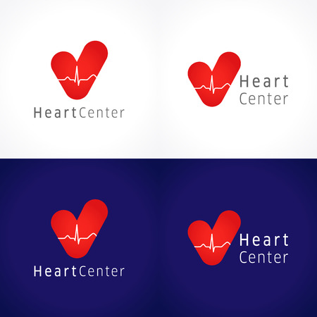 Heart center logo. Vector design, the logotype of cardiology. Icons idea of ??healthcare, hospitals, tests, clinics, pharmacies. Healthy hearts cardiowaves. Heartbeats graph, tick of love sign.のイラスト素材