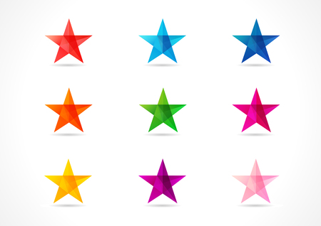 Set of stained-glass colored celebrating stars. Shining mosaic decorative star icons in various colors. Red, blue, orange, pink, violet, purple, yellow, golden star. Bright greetings collection and shade.のイラスト素材