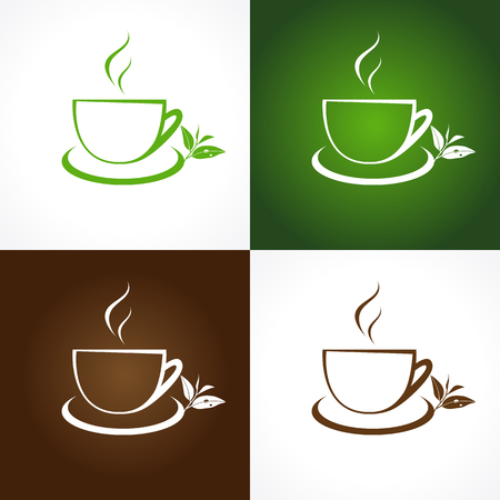 The logotype with tea leaves for tea houses and cafes. Branding emblem in traditional style. Vector cup icon template. Leaf with a drop of dew.のイラスト素材