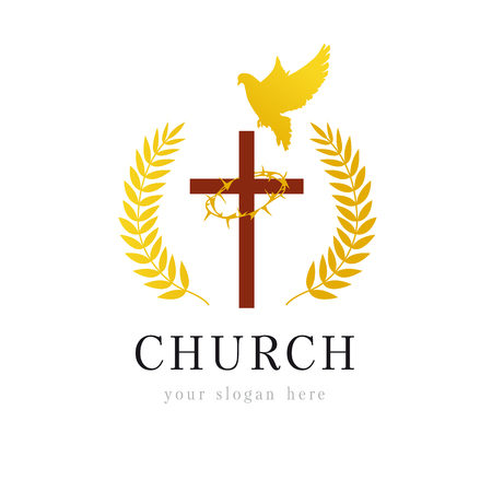 Christian church vector logo. Wooden crucifix, flying dove, gold colored palms branches, win, crown of thorns. Religious bible educational victorious isolated golden emblem template. Holiday symbol.のイラスト素材