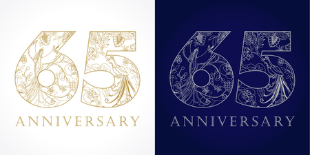 65 years old luxurious celebrating folk numbers. Template gold and silver colored 65 th happy anniversary greetings, ethnics flowers, plants, paradise birds. Set of traditional congratulation pattern.のイラスト素材