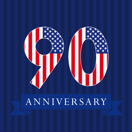 Anniversary 90 US flag logotype. Template of celebrating 90 th. Isolated numbers in traditional style on striped abstract blue background. United States patriot greetings or sticker, nine.のイラスト素材