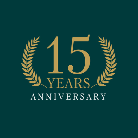 15 years old luxurious numbers. Congratulations 15th vector gold colored template sign framed by palms. Greetings ages celebrates. Celebrating traditional branches fifteen. Isolated 1st place of win.のイラスト素材