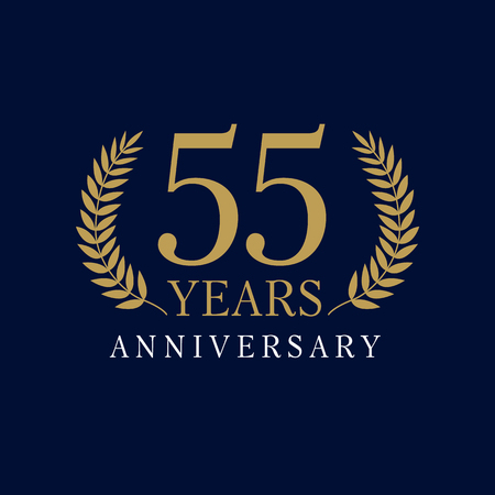 55 years old luxurious numbers. Congratulations 55th vector gold colored template sign framed by palms.のイラスト素材
