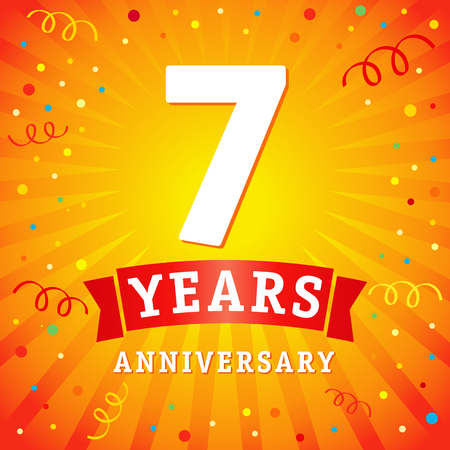 7 years anniversary logo celebration card. 7th years anniversary vector background with red ribbon and colored confetti on yellow flash radial linesのイラスト素材