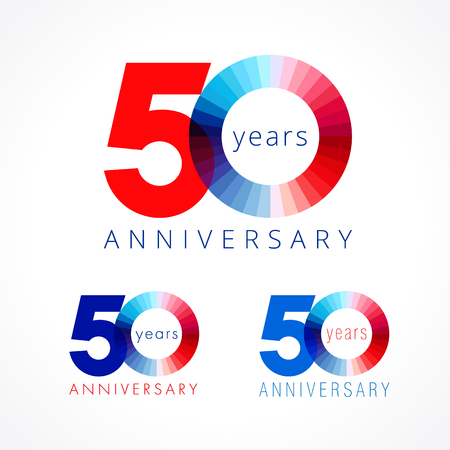 50 years old. Anniversary numbers 50 th. Shining congratulating logotype. Greetings celebrates set red, blue, white colors. Stained digit fifty, 0,% off isolated template.のイラスト素材