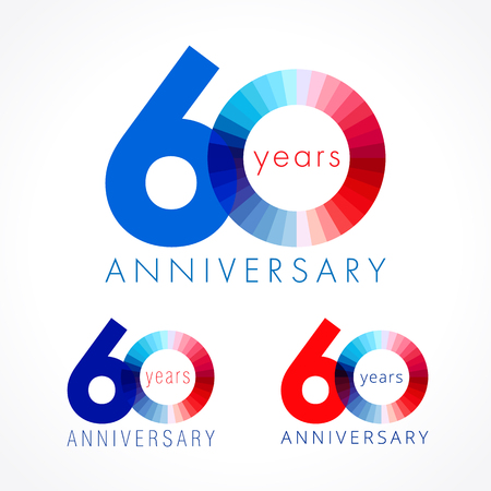 60 years old. Anniversary numbers 60 th. Shining congratulating logotype. Greetings celebrates set red, blue, white colors. Stained digit sixty, 0,% off isolated template.のイラスト素材