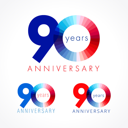 90 years old celebrating. Anniversary numbers 90 th. Shining congratulating logotype. Greetings celebrates set red, blue, white colors. Stained digit ninety, 0,% off isolated template.のイラスト素材