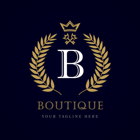 Luxury boutique crown key letter "B" monogram logo. Laurel beautiful crown with key and key. Vector letter emblem sign B for Royalty, Restaurant, Boutique, Hotel, Heraldic, Jewelryのイラスト素材