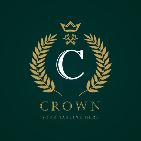 Luxury Crown calligraphic key letter "C" monogram logo. Laurel beautiful crown with key and key. Vector letter emblem sign C for Royalty, Restaurant, Boutique, Hotel, Heraldic, Jewelryのイラスト素材