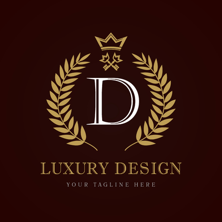 Luxury Design calligraphic crown key "D" monogram logo. Laurel beautiful crown with key and key.のイラスト素材