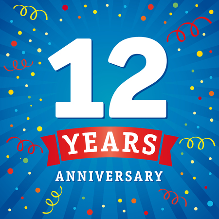 12 years anniversary logo celebration card. 12th years anniversary vector background with red ribbon and colored confetti on blue flash radial linesのイラスト素材