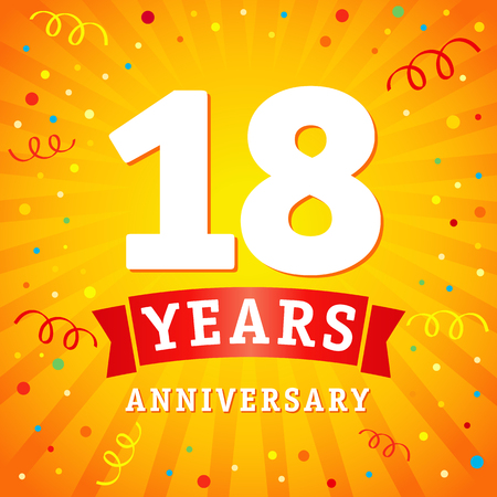18 years anniversary logo celebration card. 18th years anniversary vector background with red ribbon and colored confetti on yellow flash radial linesのイラスト素材