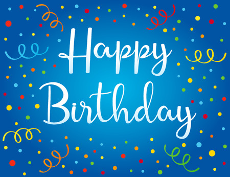 Happy birthday colorful confetti and ribbon blue card. Happy Birthday lettering vector design for greeting cards and banner with confetti and ribbon, template for birthday celebrationのイラスト素材