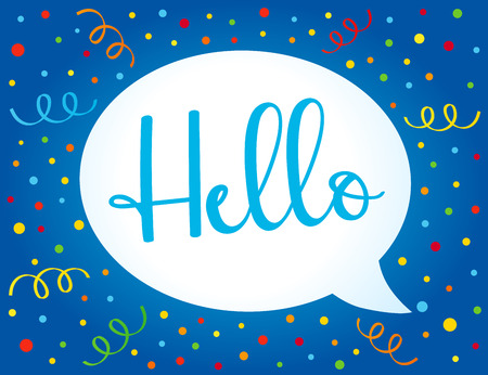 Hello quote message bubble on colorful confetti and ribbon card. Modern vector calligraphy Hello isolated on white speech bubbleのイラスト素材