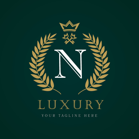 Luxury calligraphic letter. Laurel beautiful crown with key and key. Vector letter emblem N for Royalty, Restaurant, Boutique, Hotel, Heraldic, Jewelryのイラスト素材