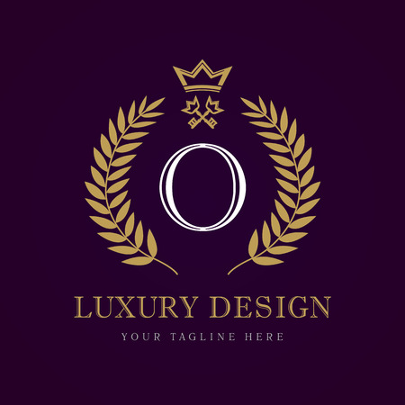 Luxury calligraphic letter. Laurel beautiful crown with key and key. Vector letter emblem O for Royalty, Restaurant, Boutique, Hotel, Heraldic, Jewelryのイラスト素材