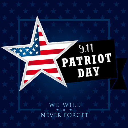Patriot day USA We Will Never Forget star banner. 9/11 Patriot Day background, American Flag on star shape background. September 11, 2001 poster template vector illustration for Patriot Dayのイラスト素材
