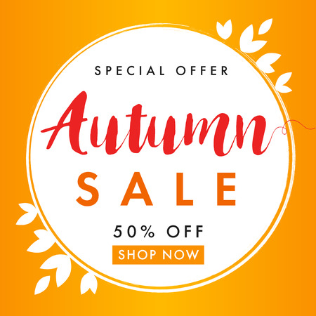 Autumn sale vector flyer template with lettering Special Offer 50% off shop now. Autumn sale background banner. Fall sale poster, card, label, banner designのイラスト素材