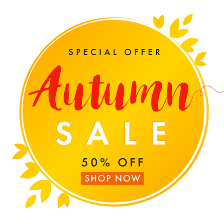 Autumn sale white banner. Autumn sale vector card template with lettering Special Offer 50% off shop now. Fall sale poster, card, label, banner designのイラスト素材