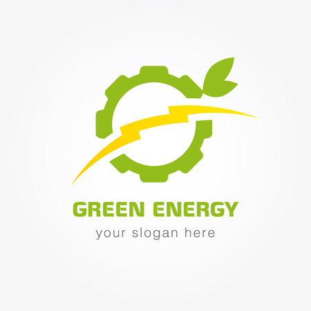 Green energy company logotype. Electrical or mehanic industrial branding concept. Lightning, gears, wheel, tree leaves. Electricity, bolt vector isolated sign concept. Eco brand manufacturing idea.のイラスト素材
