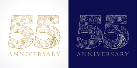 55 years old luxurious celebrating folk numbers. Template gold, silver colored fifty five greetings, ethnics flowers, plants, paradise birds. Traditional congratulating pattern.のイラスト素材
