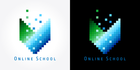 Digital book logotype. Educational pixelated colored isolated emblem. Virtual iq courses, scientific, learning, reading e-book, e-library, e-reader, store branding icon and pixels. Soft program app.のイラスト素材