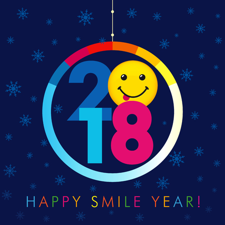 2018 seasons greetings happy smile year card. Christmas ball with colorful background 2018 numbers, text Happy Smile Year and smile with tongue on snow holiday backgroundのイラスト素材
