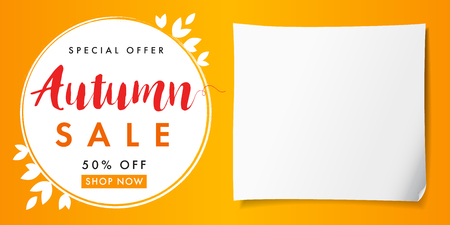 Autumn special offer sale paper banner.Autumn sale vector card template with lettering Special Offer 50% off shop nowのイラスト素材