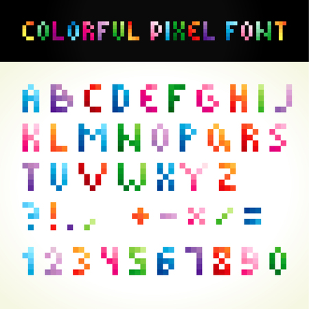 ABC pixelated colored. Set of vector multicolored letters, numbers. Alphabet in pixels and various colors. A bcdefghijklmnopqrstuw vxyz, 0 1 2 3 4 5 6 7 8 9, punctuation marks.のイラスト素材