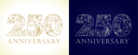 250 years old luxurious celebrating numbers. Template gold, silver colored happy anniversary decorating greetings, set of 25 52 2nd 5th 20th 50th 25th twenty, two traditional congratulating pattern.のイラスト素材