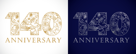 140 years old luxurious celebrating numbers. Template golden, silver colored happy anniversary decorating greetings, set of 1st, 4th place, one, four, 0 or letter O traditional congratulating pattern.のイラスト素材