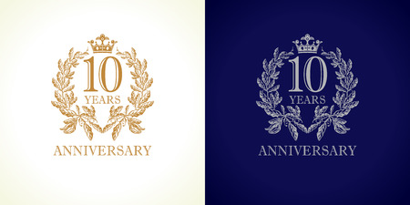 10 years old luxury logotype. Congratulating 10th numbers gold colored template framed in palms. Isolated greetings celebrates. Celebrating traditional ten in branches. 1st, first place of win.のイラスト素材