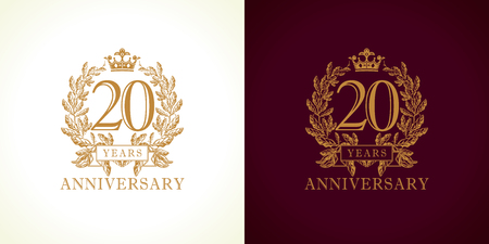 20 years old luxurious logotype. Congratulating. Isolated greetings celebrates. Celebrating traditional twenty in branches. 2nd, second place of win.のイラスト素材