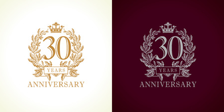 30 years old luxury logotype. Congratulating 30th numbers gold colored template framed in palms. Isolated greetings celebrates. Celebrating traditional thirty in branches. Three, 3rd place of win.のイラスト素材