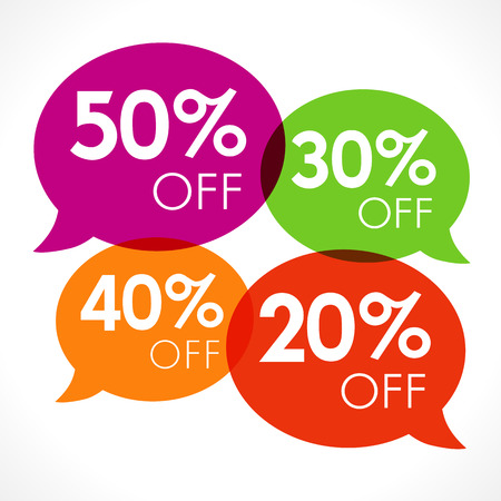 Special offer 20%, 30%, 40%, 50% sale colored speech bubble tag vector illustration. Discount offer price label, symbol advertising in retail, sale promo marketing, discount sticker on shopping dayのイラスト素材