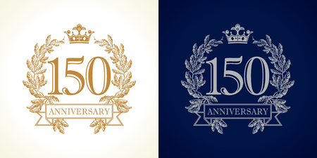 150 years old luxury logotype. Congratulating 150th numbers gold colored template framed in palms. Isolated greetings celebrates. Celebrating traditional one hundred fifty, 10th, 50th in branches.のイラスト素材