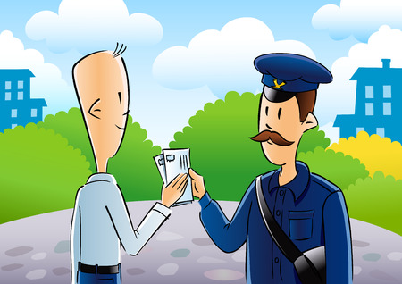 World Post Day postman and men illustration. Vector card to the World Post Day with a mailman, letters and man in the background of the cityのイラスト素材