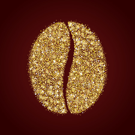 Coffee bean golden logotype. Coffee banner icon isolated with gold dust, stars, sparks, shining elements. Modern luxurious brown pictogram label for web site, cafe emblem vector illustration.のイラスト素材