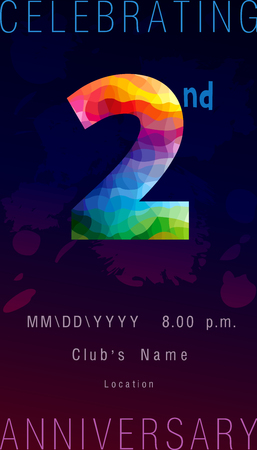 2nd year colored anniversary card. Stained-glass number 2 logotype. Celebrating congratulating greetings and abstract brush. Isolated broken facet puzzles emblem of second placeのイラスト素材