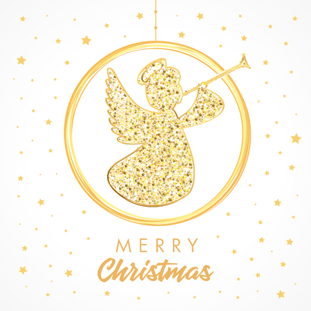 Flying angel with trumpet on a white background, Merry Christmas card.のイラスト素材