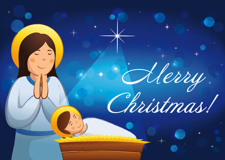 Merry Christmas, A Happy New Year religious greetings. Celebrating and congratulating mother Mary. Baby Jesus sleeps in the manger.のイラスト素材