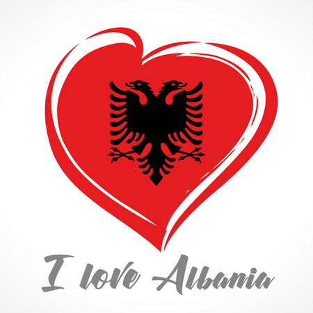 Love Albania flag emblem colored. Independence day of Albania banner with vector curving red heart and flagのイラスト素材